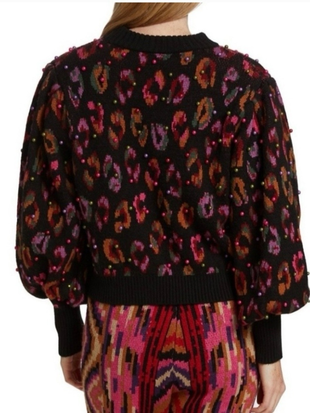 FARM Rio Black Ikat Dyed Leopard Ball Sweater size L - Picture 2 of 11